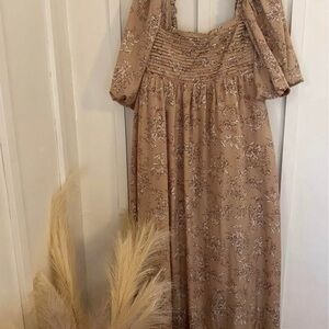 Chic Beige Floral Long Sleeve Dress